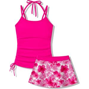 Girls Swimsuit 2 Piece Halterneck Tankini Swimsuits with Printed Skirt Drawstring Bathing Suit, Size 13-14 Years (Pink)