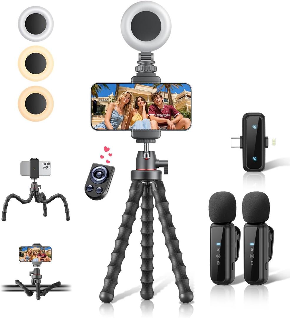 Vlogging Kit for iPhone/Android, 9" Flexible Tripod for iPhone with Light, Wireless Remote & Microphone, Adjustable Content Creator YouTube Starter Kit for TikTok/Recording/Live Streaming