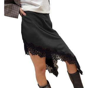 Women Y2k Fairy Asymmetrical Hem Lace Trim Midi Skirt Coquette Flowy A Line Half Slip Skirt Silky Satin Underskirt (Black, M)