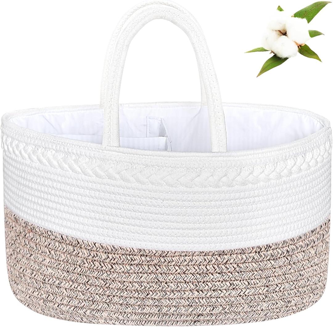 ABenkle X-Large Diaper Caddy Organizer, Boho Rustic Cotton Rope Nursery Baby Basket, Changing Table Organizer for Baby Diaper Storage and Baby Shower (White Mixed Brown)