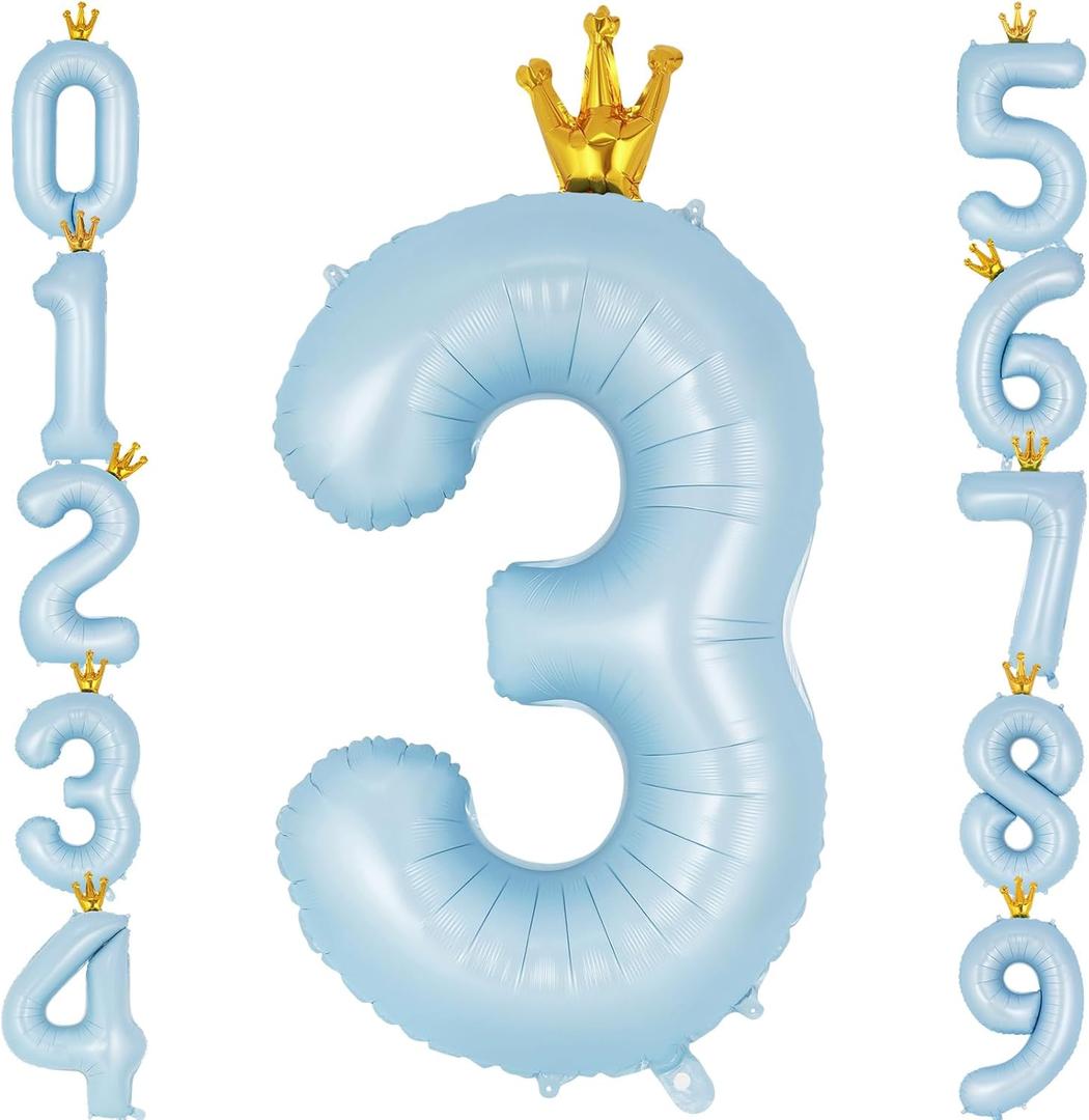 Crown Blue Number 3 Balloon 40 Inch, Big Large Foil Helium Number Balloons, Jumbo Giant Mylar Number 3 Balloons for 3 Third Birthday Party Decorations Supplies Anniversary Celebration