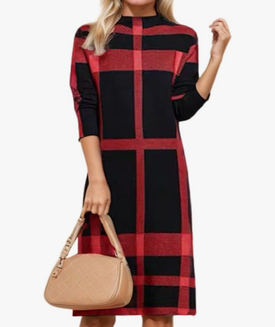 Womens Plaid Splicing Mock Neck Knit Sweater Dress Winter Long Sleeve Knee Length Tunic A-line Midi Dresses size Large