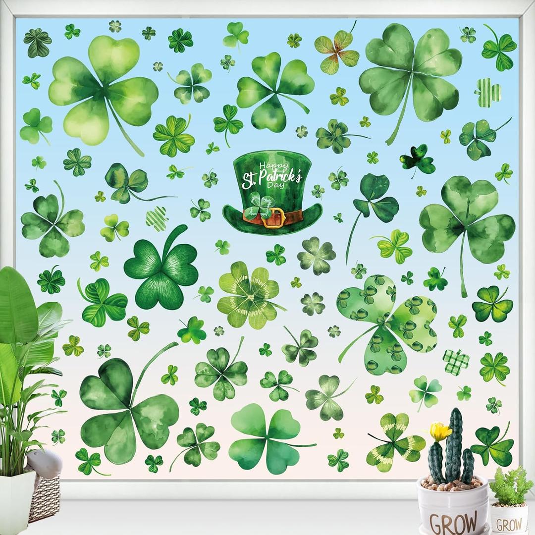 St Patricks Day Window Clings for Glass Windows - 9 Sheets 99 PCS St Patrick's Shamrock Window Stickers Saint Patricks Day Window Decals for Office Home School Party Decorations Supplies
