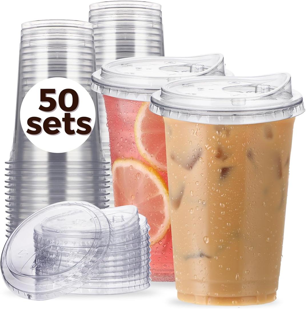 20 oz Clear Plastic Cups with Strawless-Sip-Lids, 50 Sets Disposable Cups Plastic Iced Coffee Cups, To Go Cups with Sip Through Lids for Smoothie, Milkshake, Cold Drinks for Party, Wedding, Event