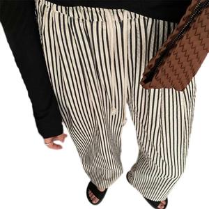 XIBAOBAO Women's Black White Striped Seersucker Pants Pinstripe High Waist Drawstring Lounge Pants Beach Lightweight Palazzo Trousers M (M)