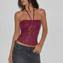 Womens Halter Tank Top Sexy Sleeveless Sequin Floral Print Back Tie Up Slim Fitted Backless Crop Vest (Red, M)