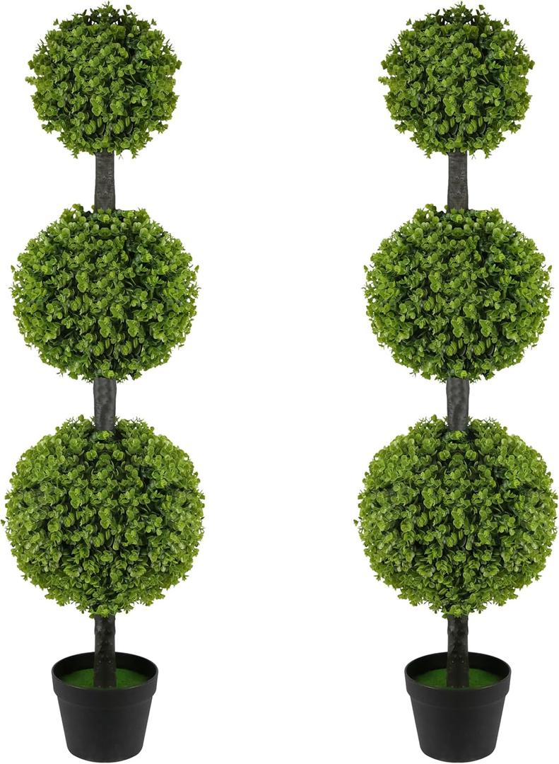 2 Pack Artificial Topiary Ball Tree 4FT, Set of 2 Faux Triple Balls Tree in Pot Shrubs Plants for Outdoor Front Door Porch Plant Outdoor