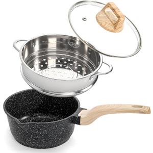 Jucoan 2 Quart Nonstick Saucepan with Lid & Steamer Basket, Small Nonstick Saucepan Cooking Steamer Pot with Pour Spout, Induction Safe, Non Toxic Granite Coating