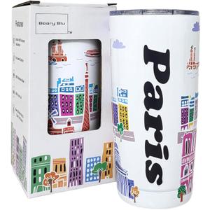 City Themed Artwork Tumbler Collection - Designed in the USA - 20oz Vacuum Insulated Tumbler with Lids - Stainless Steel Coffee Travel Mug with, Cup for Hot Cold Drinks (Paris)