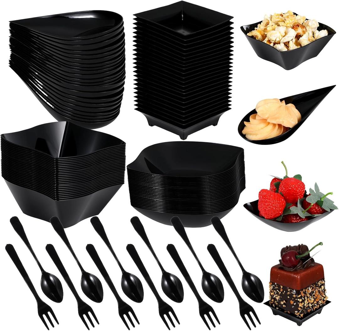 300 Pcs Black Mini Appetizer Plates Set with Spoons & Forks  Disposable Party Serving Trays for Desserts, Snacks, and Canaps