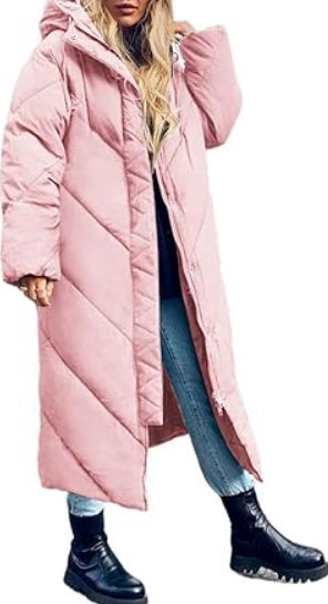 Yousify Women's Hooded Long Puffer Coat Winter Longer Thickened Down Jacket Zip Cotton Outwear, Pink Small