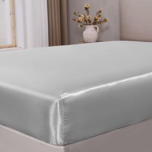 BEDELITE Satin Fitted Sheet Queen Size with Elastic Corner Straps, Luxury Soft Silk-Like Bed Sheet for Hair & Skin, 1 Deep Pocket Fitted Sheet Only Fits 15" Mattress, Fade & Wrinkle Resistant, Grey