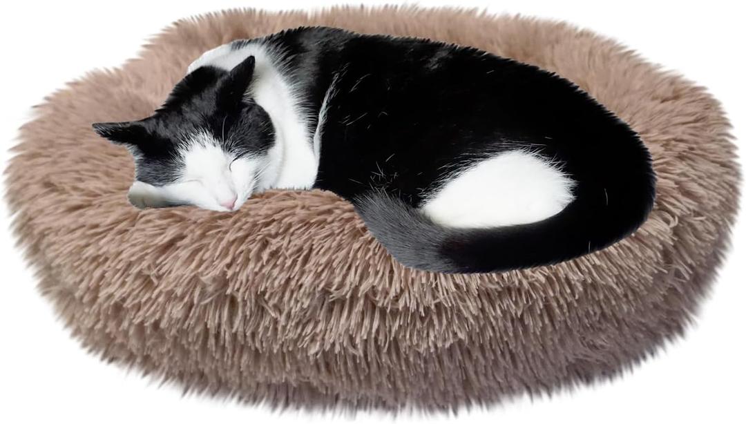 Whiskers & Friends Cat Bed, Cat Beds for Indoor Cats Washable, Orthopedic Soft Fluffy Round Calming Pet Bed for Small to Large Kitty Kittens & Dogs, Small Dog Beds & Furniture (20.00" x 20.00" x 6.00", Beige-Brown)