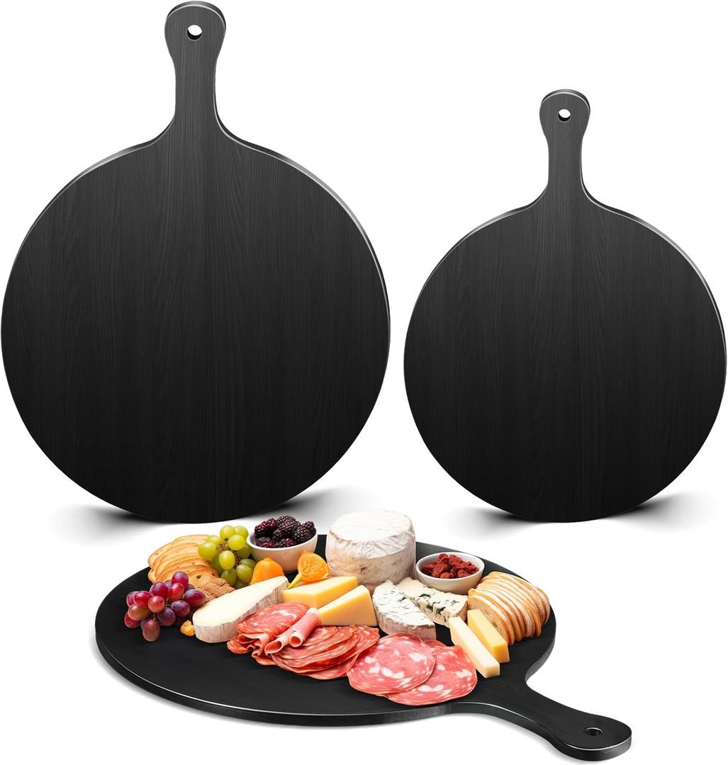 Geetery 2 Pcs Round Black Cutting Board with Handle Bamboo Cheese and Chopping Board Charcuterie Black Platter Tray for Kitchen Pizza Bread Vegetables DIY Holiday Present (11.6 Inch,9 Inch)