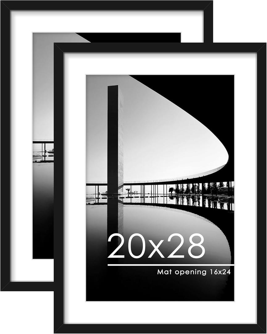 PEALSN 20x28 Picture Frame Set of 2, Display Pictures 16 x 24 with Mat or 20 x 28 Without Mat for Wall Mounting Display, Poster Frames, Black