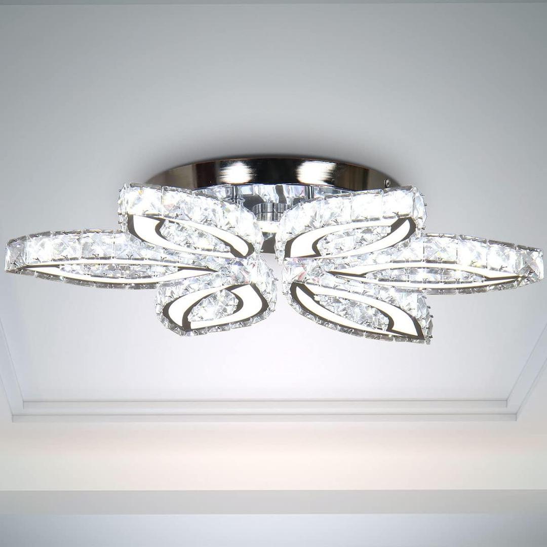 CLAIRDAI 20" Modern Crystal Chandelier, Flower Led Chandelier with K9 Crystal Acrylic, Cool White 6500K, 20" x 20" x 3.1" for Living Room