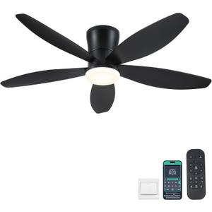 Surtime 48" Ceiling Fans with Lights-Low Profile Ceiling Fan with Light and Remote/APP Control, Black Flush Mount Ceiling Fans,DC Reversible,LED Dimmable