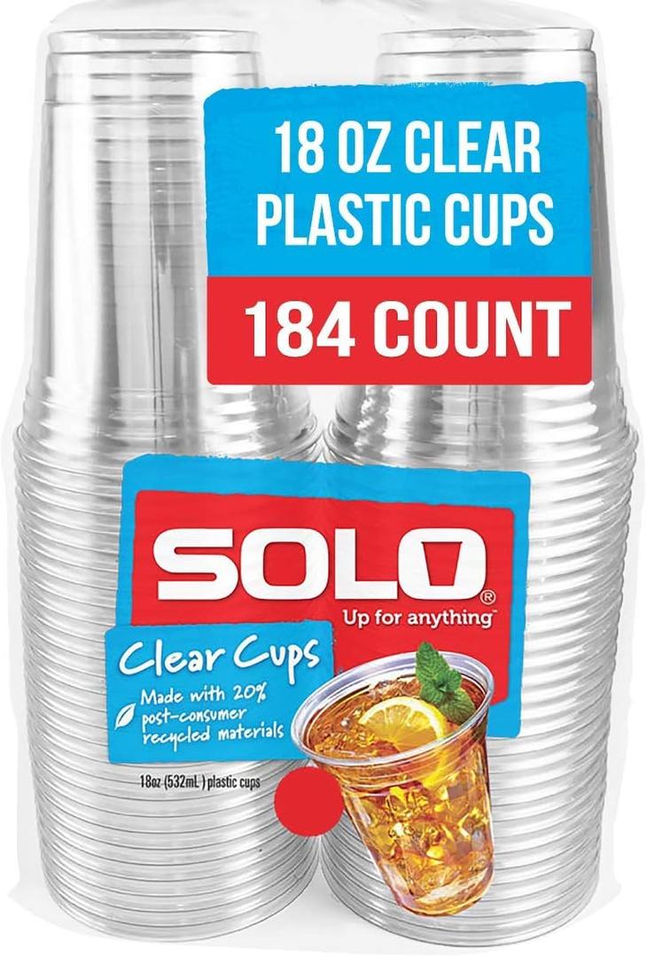 SOLO Cup Company Clear Recycled Plastic Party Cups, 18 Oz, 184 Count