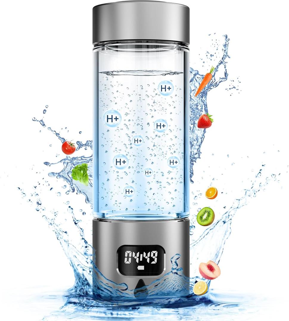 Hydrogen Water Bottle - Portable, Rechargeable, LED Timer, Aluminum and Glass, 5000 PPB Hydrogen in 10 Minutes, for Husband, Father, Friend & Family, for Sports, Home, Office (340ml, Grey)