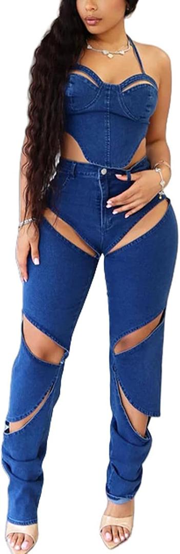 Denim 2 Piece Outfit for Women Sleeveless Cropped Tank Top Bodycon Pants Set Sexy Jean Hollow Out Party Club Tracksuit (Blue, M)