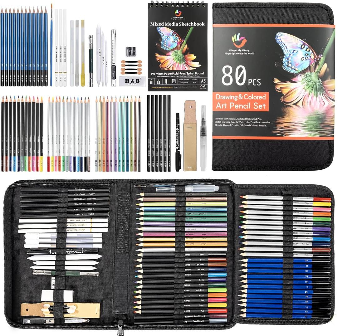 H & B 80-Pack Colored Sketching Art Pencil Set with 3-Color Sketchbook and Coloring Book - Includes Graphite, Watercolor, Metallic, and Oil-Based Colored Pencils