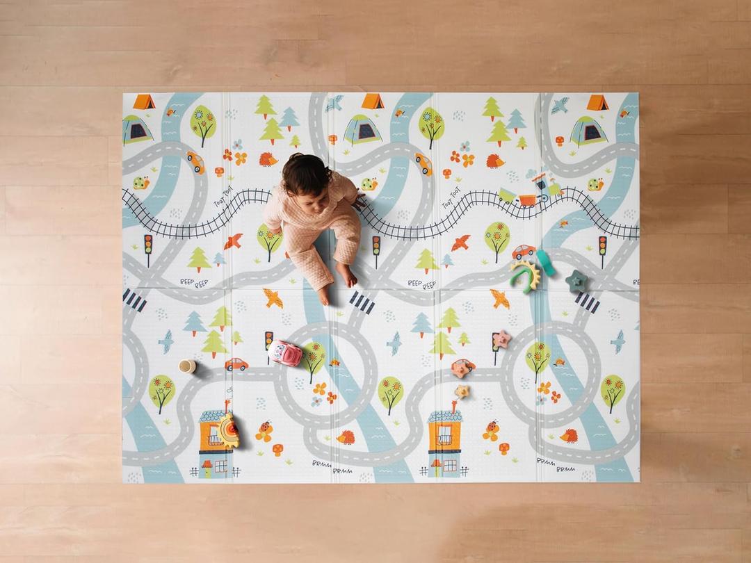 Nuby Reversible Baby Floor Mat - Foldable and Lightweight Baby Play Mat for Floor - Easy Storage and Travel - Car Tracks