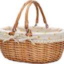 G GOOD GAIN Wicker Picnic Basket with Double Folding Handles,Willow Picnic Hamper,Natural Hand Woven Easter Basket,Easter Eggs and Candy Basket,Bath Storage,Gift Packing Basket.Yellow