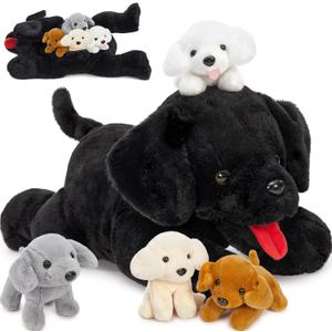 MorisMos Mommy Dog Stuffed Animal with Puppies Inside, 21" Dog Plush Toy Set Black Labrador Stuffed Animal with 4 Baby Puppies, Interactive Stuffed Dog Plush for Kids Girls Boys Birthday