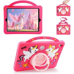 HianDier for iPad 5th/6th Generation Case, for iPad Air 1st/2nd Gen, for iPad Pro 9.7 Inch Case Kids Girls Cute Unicorn with Detachable Strap and Rotatable Stand Shockproof Tablet Cover-Barbie Pink