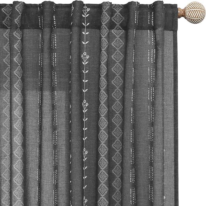 Black Curtains for Bedroom,Sheer Linen Light Filtering Boho Curtains for Kitchen Bathroom Window Living Room, 50W x 64L inch (2 Panels)