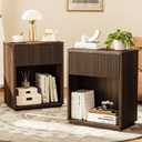 Modern Fluted Nightstand Set of 2 for Bedroom, Mid Century Bedside Table with Drawer & Open Shelf, Wood End Table, Farmhouse Night Stand for Home, Hallway, Office, Walnut