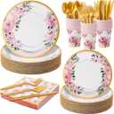 Ziliny 350 Pcs Floral Party Supplies Tableware Set Disposable 9'' 7'' Paper Plates 9 oz Cups Cutlery Napkins Dinnerware for Baby Shower Bridal Wedding 1st Birthday, Serve 50 (Floral, Rose Gold)