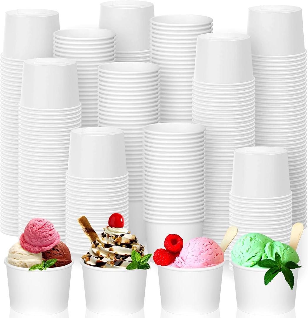 Nuenen 400 Pcs 8 oz Summer Ice Cream Paper Cups Bulk Disposable Dessert Cups Solid Color Paper Dessert Bowls for Snack Sundae Spring Party Favors Ice Cream Bar Supplies (White)