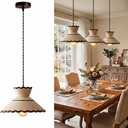 Cottagecore Scalloped Ceramic Pendant Light, Vintage Farmhouse Lamp 9.65in