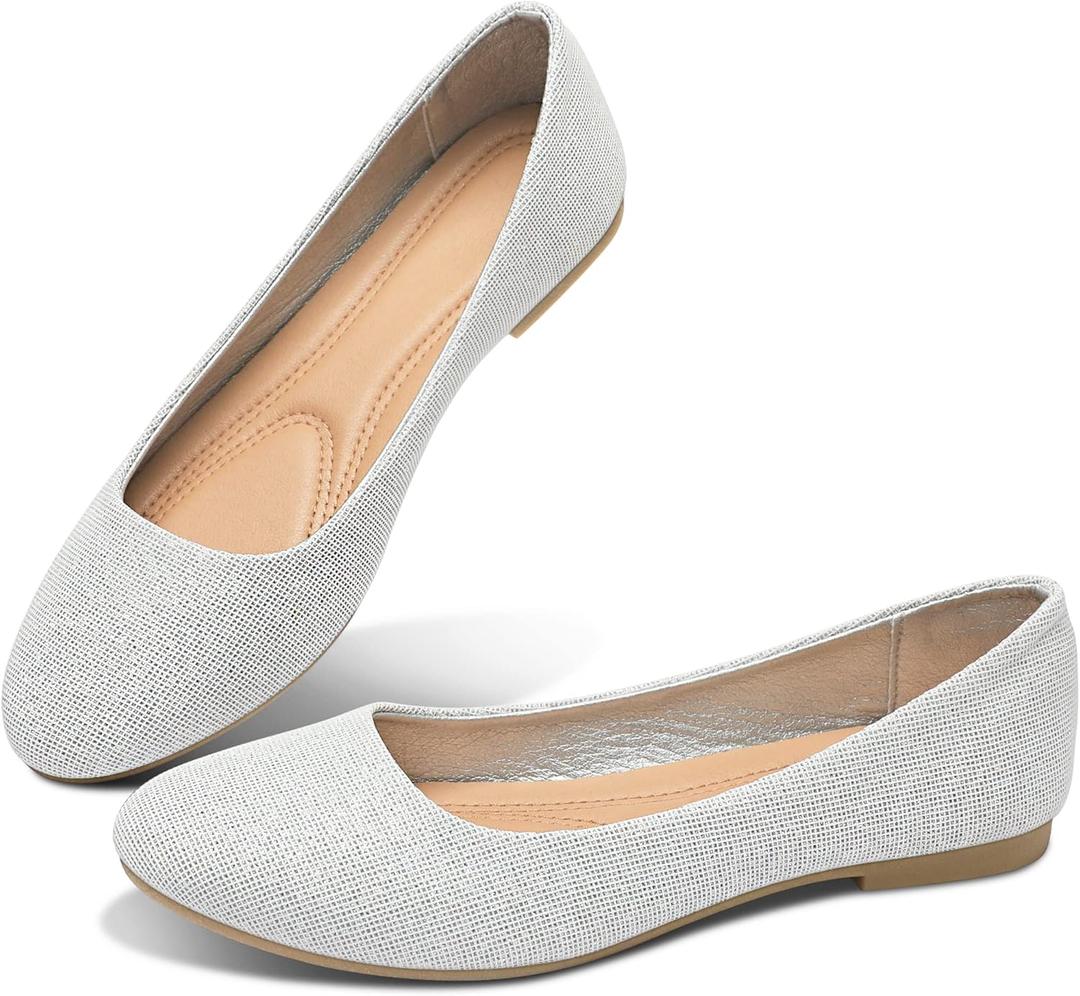 Obtaom Round Toe Women Flat Shoes Slip on Girls Dress Black Ballet Flats (10, Silver Glitter)