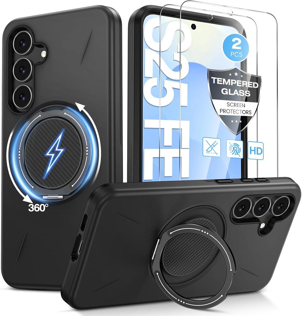 Goton for Samsung Galaxy S25 FE Case [2 Pack Screen Protector] [Compatible with MagSafe] [360 Kickstand Ring], Protective Shockproof Magnetic Phone Bumper Cover for Galaxy S25fe 6.7'' Black