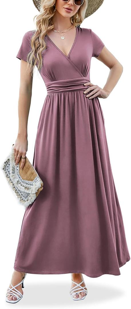 ANRILITA Maxi Dress for Women 2026 Wrap V Neck Short Sleeve Empire Waist Summer Casual Elegant Flowy Long Dresses with Pocket XL