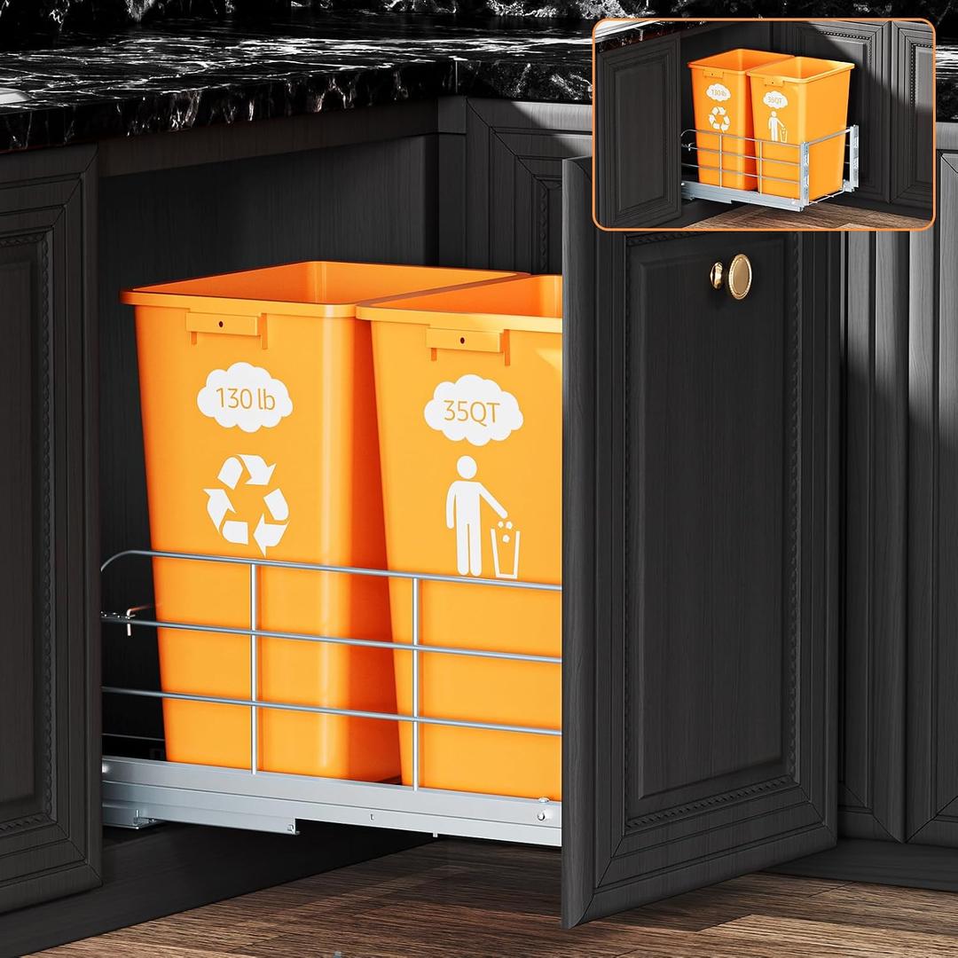 Double Pull Out Trash Can Under Cabinet with Soft Close Slides 130LB Heavy Duty Under Sink Trash Bin Kit with Door or Base Mount, Fits 16" W x 23" D Cabinet, Trash Can Not Included