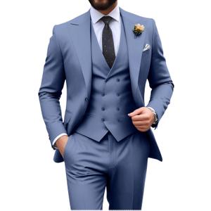 Suits for Men Formal Wedding Slim Fit 3 Piece Tuxedo Groom Suits Double Breasted Suit Men Blazer Vest Pants Set Denim Blue, Large