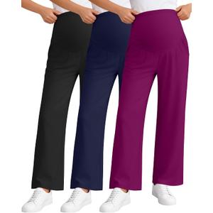 3 Pack Women's Maternity Pants Loose Wide Leg Pregnancy Sweatpants Over the Belly Lounge Pants Pajama with Pockets(Black, Navy Blue, Fuchsia,Medium)