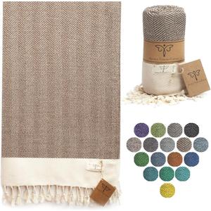 SMYRNA TURKISH COTTON - Herringbone Series Original Turkish Beach Towel | Cotton, Prewashed, 37 x 71 Inches | Peshtemal and Turkish Bath Towel for SPA, Beach, Pool, Gym and Bathroom (Latte) 