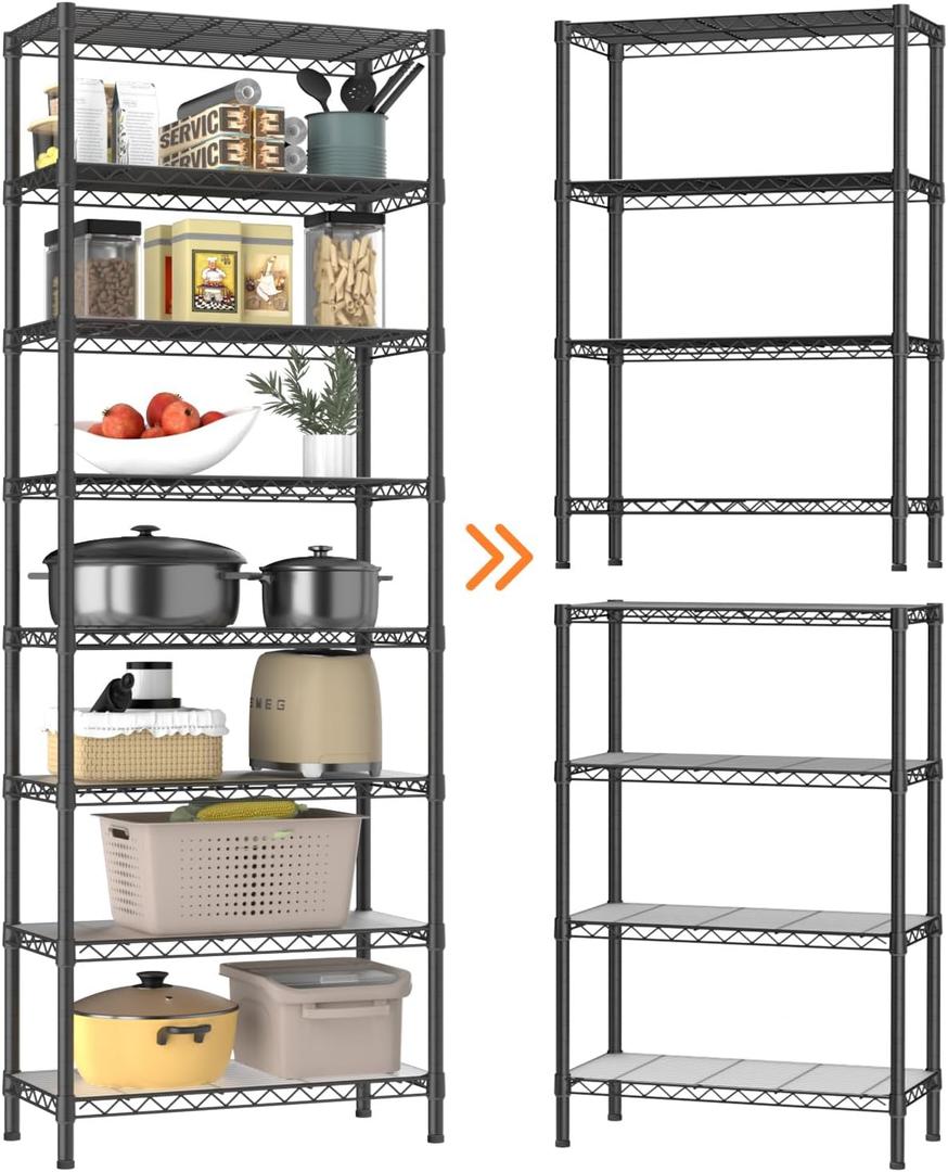 8 Tier Adjustable Storage Shelves Heavy Duty Metal Shelf Wire Shelving Unit Organizer Rack for Home Kitchen Office Pantry Room Bathroom Shelving Organizers and Storage Laundry (8-Black-12"Dx22"Wx72"H, Black)