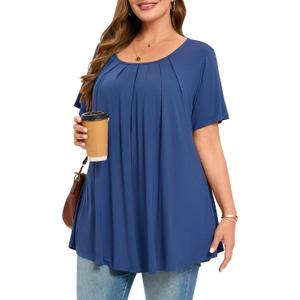 MONNURO Womens Summer Tops Plus Size Tops Short Sleeve Pleated Shirts Swing Blouse Tunic Tops for Curvy Women (Blue, XL)