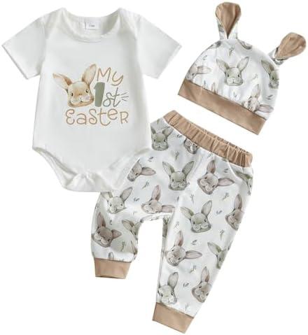 Nsdoiouw Baby Boy Girl Easter Outfits Set Short Sleeve Letter Print Romper Bunny Fishing Long Pants Hat 3Pcs Clothes Sets 9-12M, And 3-6M