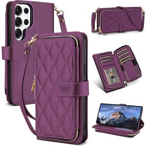 for Samsung Galaxy S24 Ultra Wallet Case with Crossbody and Wrist Strap for Women Girls,Fashion PU Leather RFID Blocking Kickstand Flip Folio Phone Cover with Card Holder and Zipper Purple