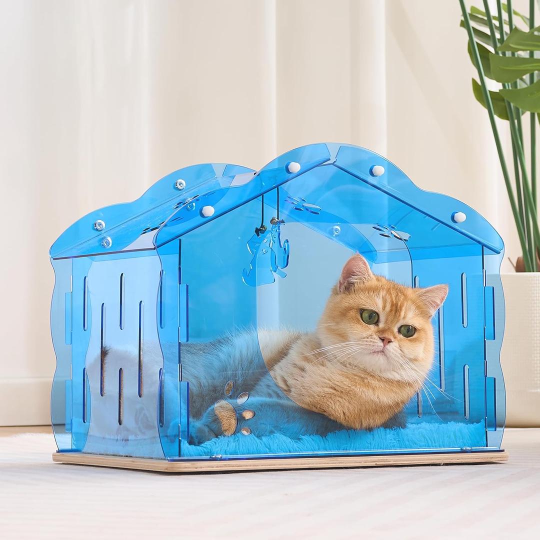 Kicari Acrylic Cat Houses for Indoor Cats, Modern Cat Cave with Washable Soft Cushion & Hanging Toys, Sturdy Wooden Base Pet Bed for Cats up to 12 lbs, Blue