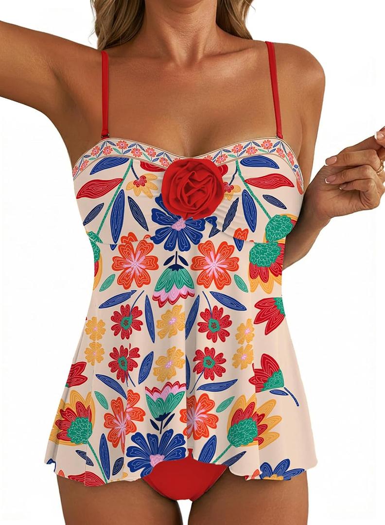 Aleumdr Womens Tankini Swimsuit Flower Flyaway Two Piece Bathing Suit Bandeau Swim Top with High Waisted Bottom (XXL)
