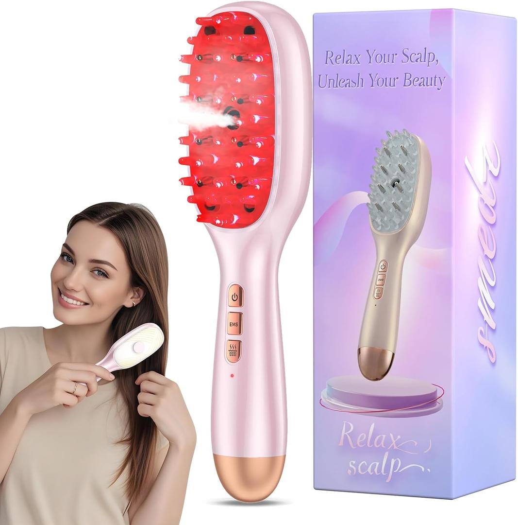 Smedz 5-in-1Scalp Massager Hair Growth Nano Mist Hair Oil Applicator Brush with Cooling Vibration & Hydrating Design, Red & Blue Ambient Light for at-Home SPA Relaxation