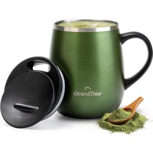 GRANDTIES Insulated Coffee Mug with Handle - Sliding Lid for Splash-Proof 16oz Wine-Glass Shape Thermal Tumbler with Double Walled Vacuum Stainless Steel to Keeps Beverages Hot or Cold-Green Metallic (15.6 Ounces)