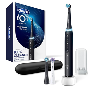 Oral-B Rechargeable Electric Toothbrush, iO5 Limited Deep Clean & Whiten, 5 Cleaning Modes, Visual Pressure Sensor to Protect Gums, Travel Case, Brush Heads, Black